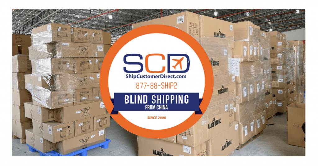 Stacks of branded cartons in warehouse with Ship Customer Direct blind shipping logo in foreground