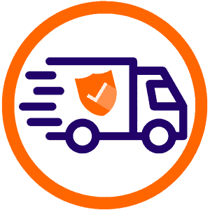 Fast-moving delivery truck with orange shield and checkmark symbolizing secure, protected shipping