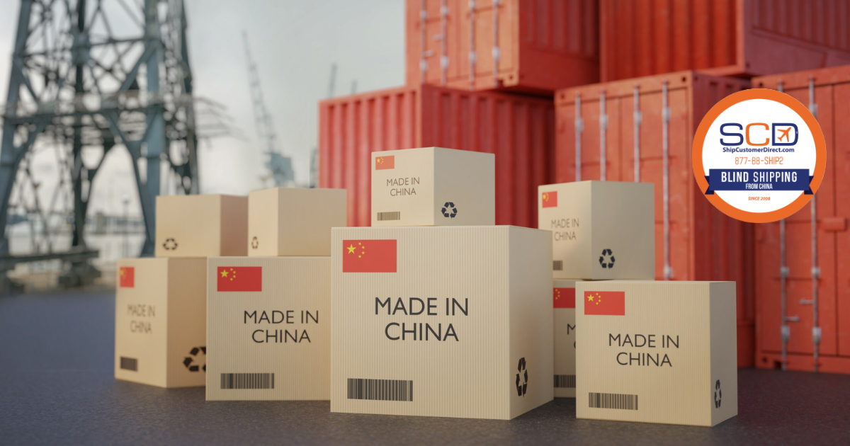 Stacked shipping boxes labeled "Made in China" at a port with red containers in background, SCD logo top right.