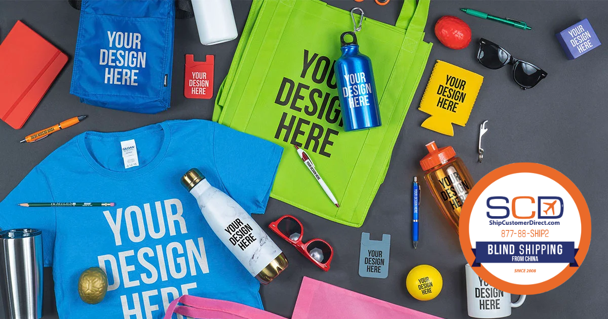 Flat lay of customized promotional products from China, including t-shirts, mugs, pens, and bags, with SCD logo.