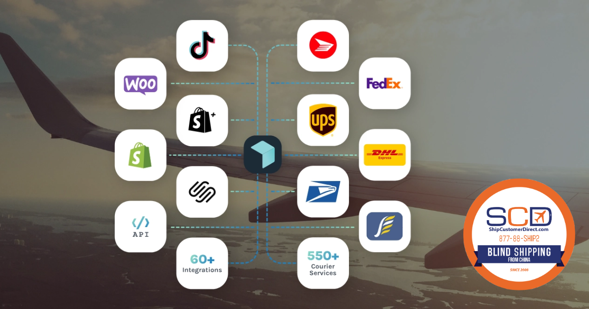 Logistics and e-commerce platform icons floating above a fulfillment center background