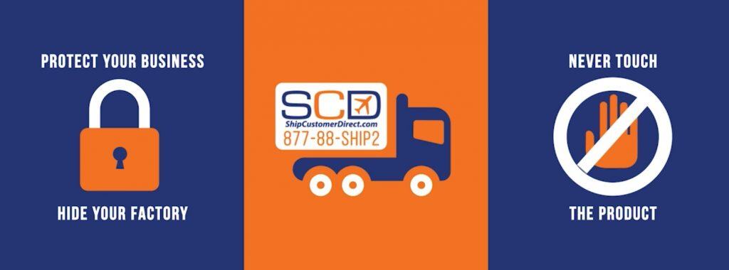 Protect your business: hide your factory and never touch the product. Blind shipping visual with truck and lock icons.