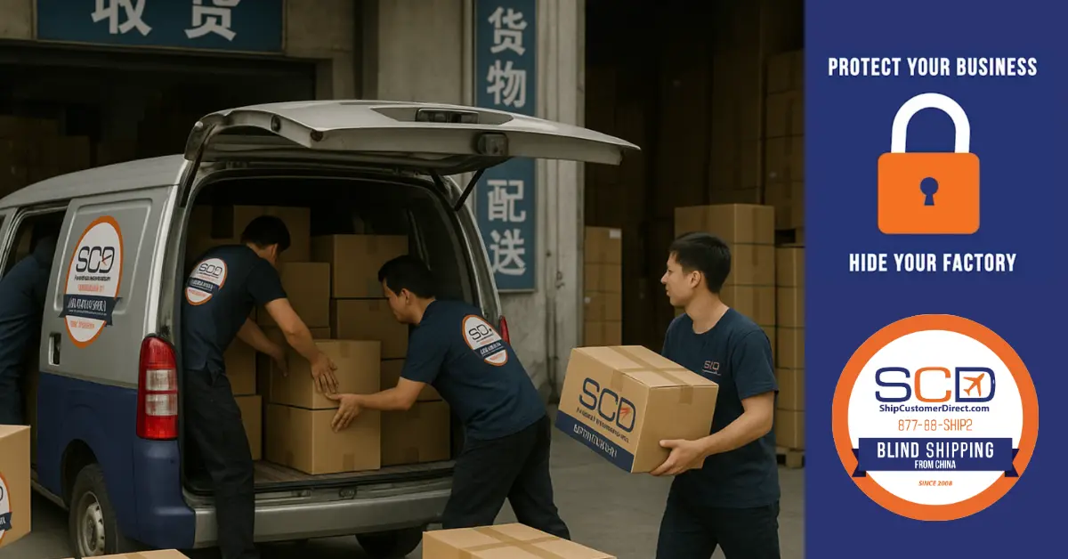 Team loading packages into branded van at Chinese warehouse with ShipCustomerDirect logo and “Protect Your Business” message.