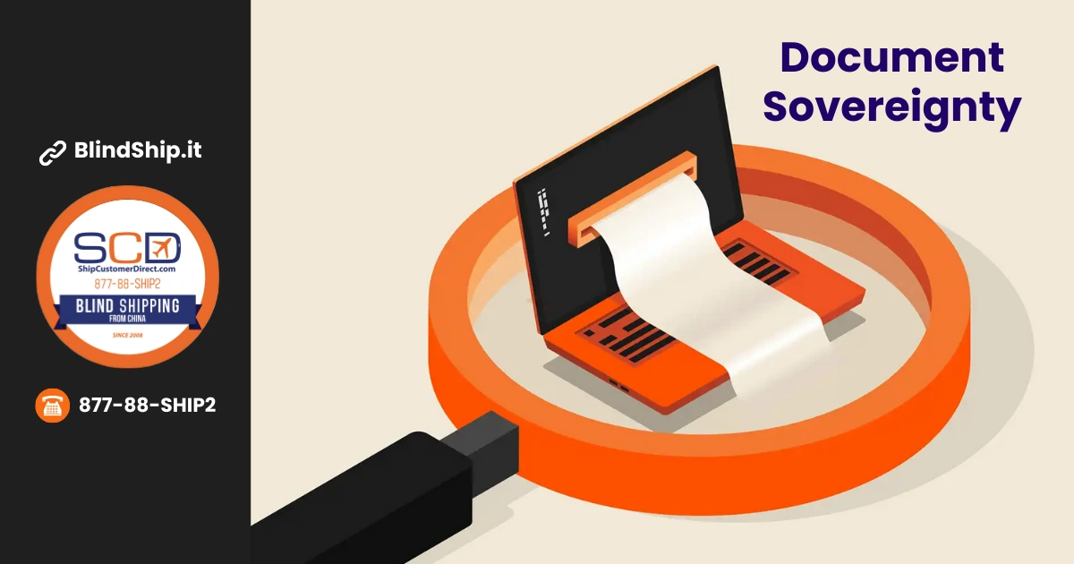 Illustration of document sovereignty showing trade data printing from laptop inside magnifying glass with SCD logo
